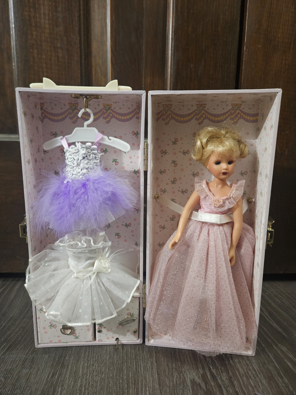 Vintage Musical Wardrobe Doll with Clothing & Accessories Pink Trunk Music Box